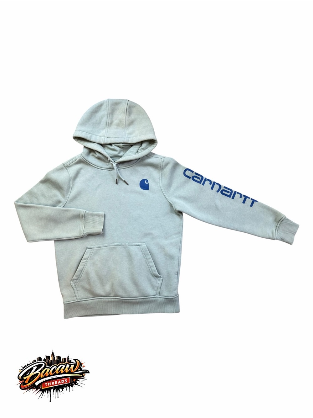 Carhartt Women’s Small Light Green Hooded Sweatshirt with Blue Logo